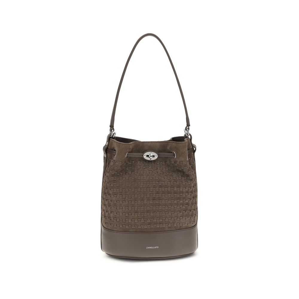 Shoulder Baguette Handbag by Zanellato for women in bos taurus calf suede leather brown features a contemporary silhouette, showcasing a secure drawstring, ample , and contemporary shoulder-strap, handle & adjustable-strap for a sophisticated look.