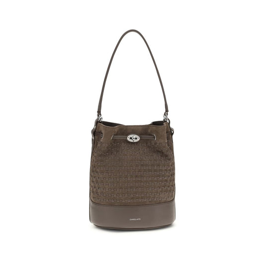 Shoulder Baguette Handbag by Zanellato for women in bos taurus calf suede leather brown features a contemporary silhouette, showcasing a secure drawstring, ample , and contemporary shoulder-strap, handle & adjustable-strap for a sophisticated look.