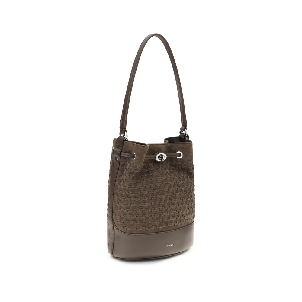 Shoulder Baguette Handbag by Zanellato for women in bos taurus calf suede leather brown features a exquisite silhouette, showcasing a secure drawstring and exquisite with versatile shoulder-strap, handle & adjustable-strap for a exquisite finish.