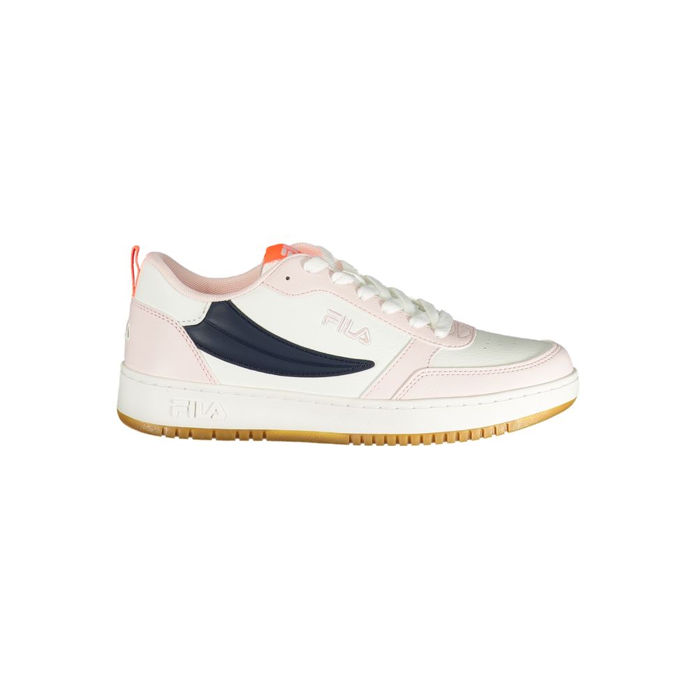 Athletic Sneakers by Fila for women in polyester blue, pink & white features an architectural silhouette, showcasing the premium athletic style of the Women's Athletic Polyester Sneakers with an architectural finish.