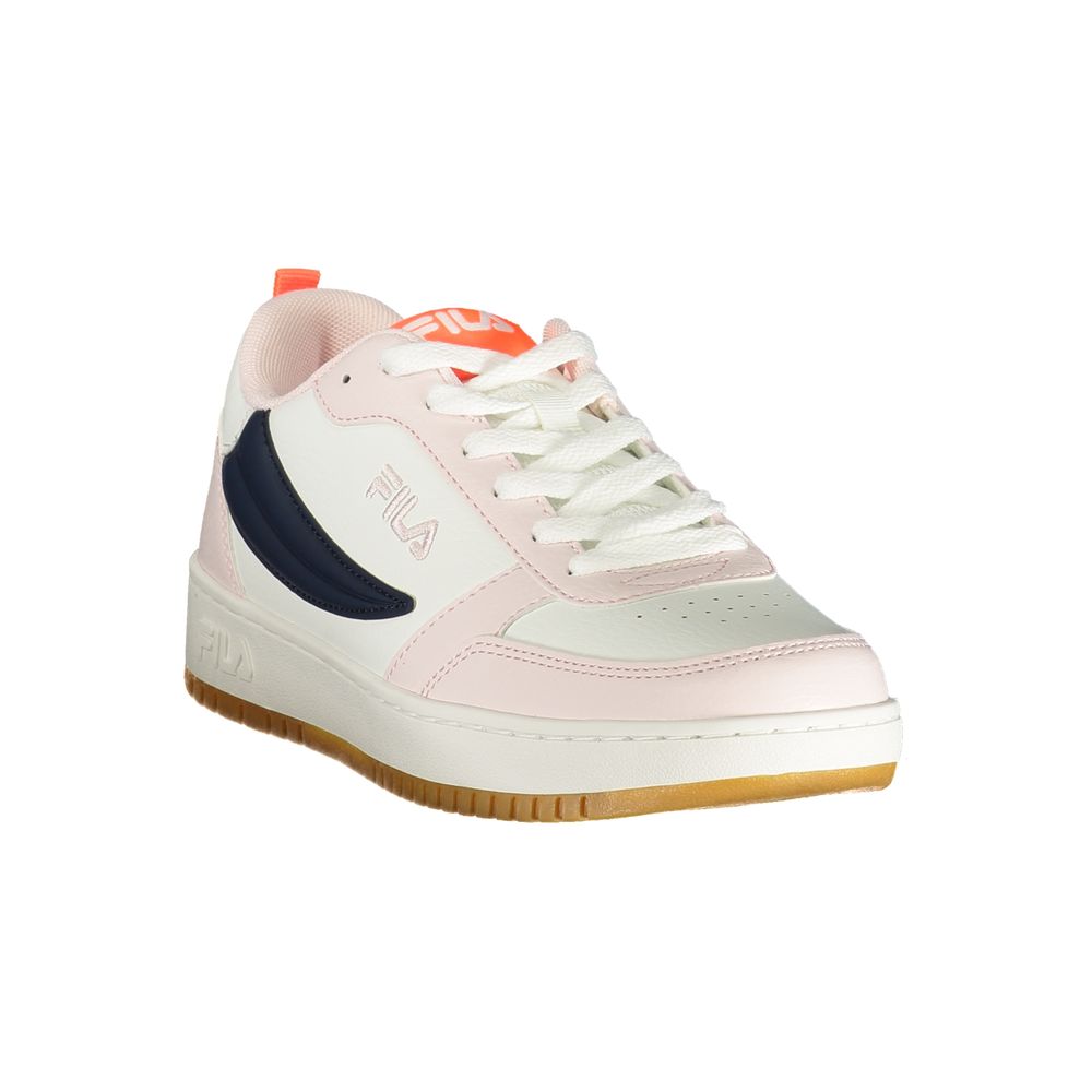 Athletic Sneakers by Fila for women in polyester blue, pink & white showcases a architectural silhouette, artfully capturing the essence of the Women's Athletic Polyester Sneakers with its signature architectural athletic style construction.