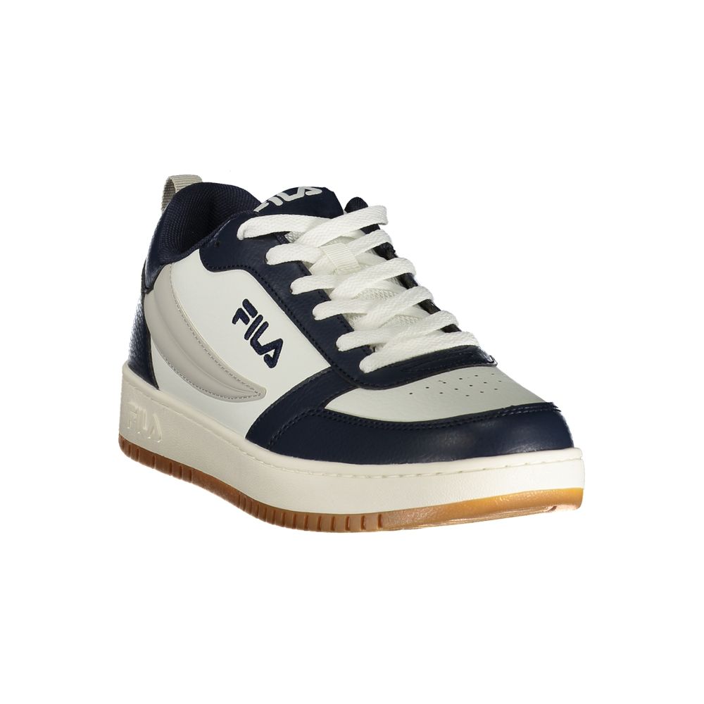Athletic Sneakers by Fila for men in polyester blue, gray & white features an architectural silhouette from the Men's Athletic Polyester Sneakers collection, showcasing a architectural athletic style for a architectural look.