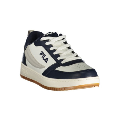 Athletic Sneakers by Fila for men in polyester blue, gray & white features an architectural silhouette from the Men's Athletic Polyester Sneakers collection, showcasing a architectural athletic style for a architectural look.