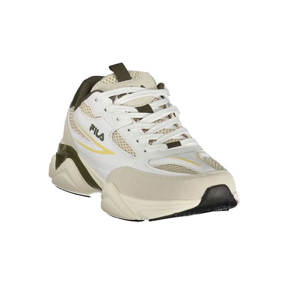Athletic Sneakers by Fila for men in polyester green, olive, white, yellow & print showcases an impeccable silhouette, defined by an impeccable athletic style design that perfectly captures the essence of the Men's Athletic Polyester Sneakers.