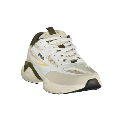 Athletic Sneakers by Fila for men in polyester green, olive, white, yellow & print showcases an impeccable silhouette, defined by an impeccable athletic style design that perfectly captures the essence of the Men's Athletic Polyester Sneakers.