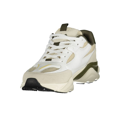 Athletic Sneakers by Fila for men in polyester green, olive, white, yellow & print showcases a architectural silhouette, artfully capturing the essence of the Men's Athletic Polyester Sneakers with its signature architectural athletic style construction.