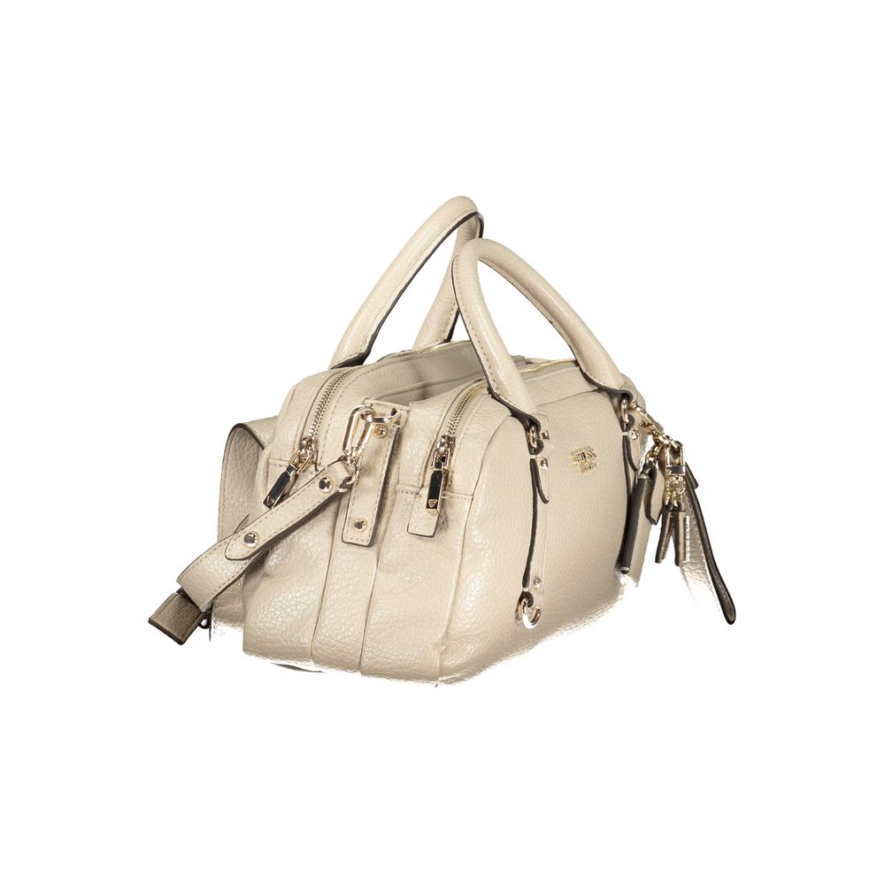 Handbag by Guess Jeans for women in polyurethane beige & signature features a signature silhouette, showcasing a secure snap & zipper and signature built-in-compartments with versatile shoulder-strap & detachable-strap for a sophisticated look.