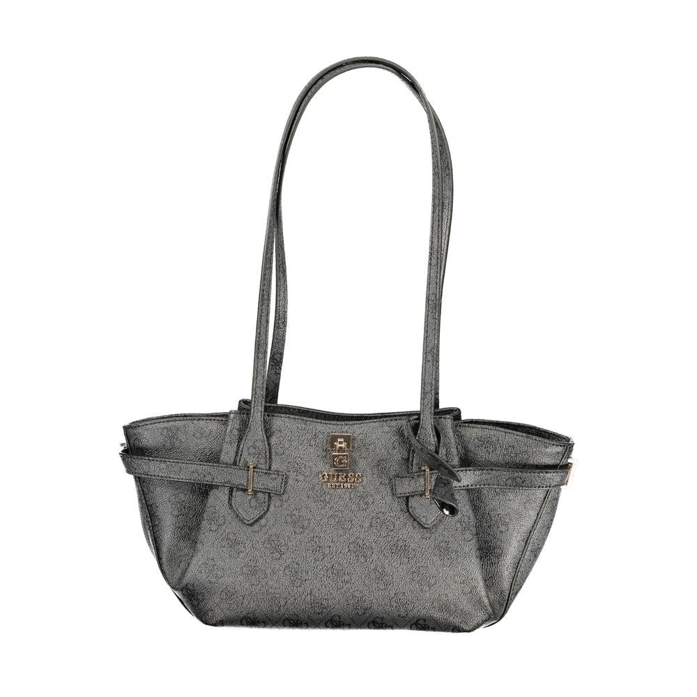 Tote Handbag by Guess Jeans for women in polyurethane black features an refined silhouette, showcasing a secure snap & zipper, ample external-pockets & internal-pockets, and versatile handle for a sophisticated refined aesthetic.