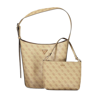 Pouch Handbag by Guess Jeans for women in polyurethane beige & print features a signature silhouette, showcasing a secure snap & zipper and signature internal-pockets with versatile adjustable-strap & handle for a sophisticated look.