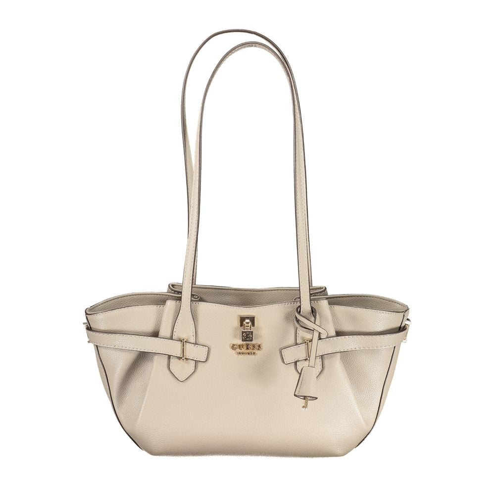 Handbag by Guess Jeans for women in polyurethane beige, signature & print features a refined silhouette, showcasing a secure snap & zipper, organized external-pockets & internal-pockets, and versatile handle for a refined finish.