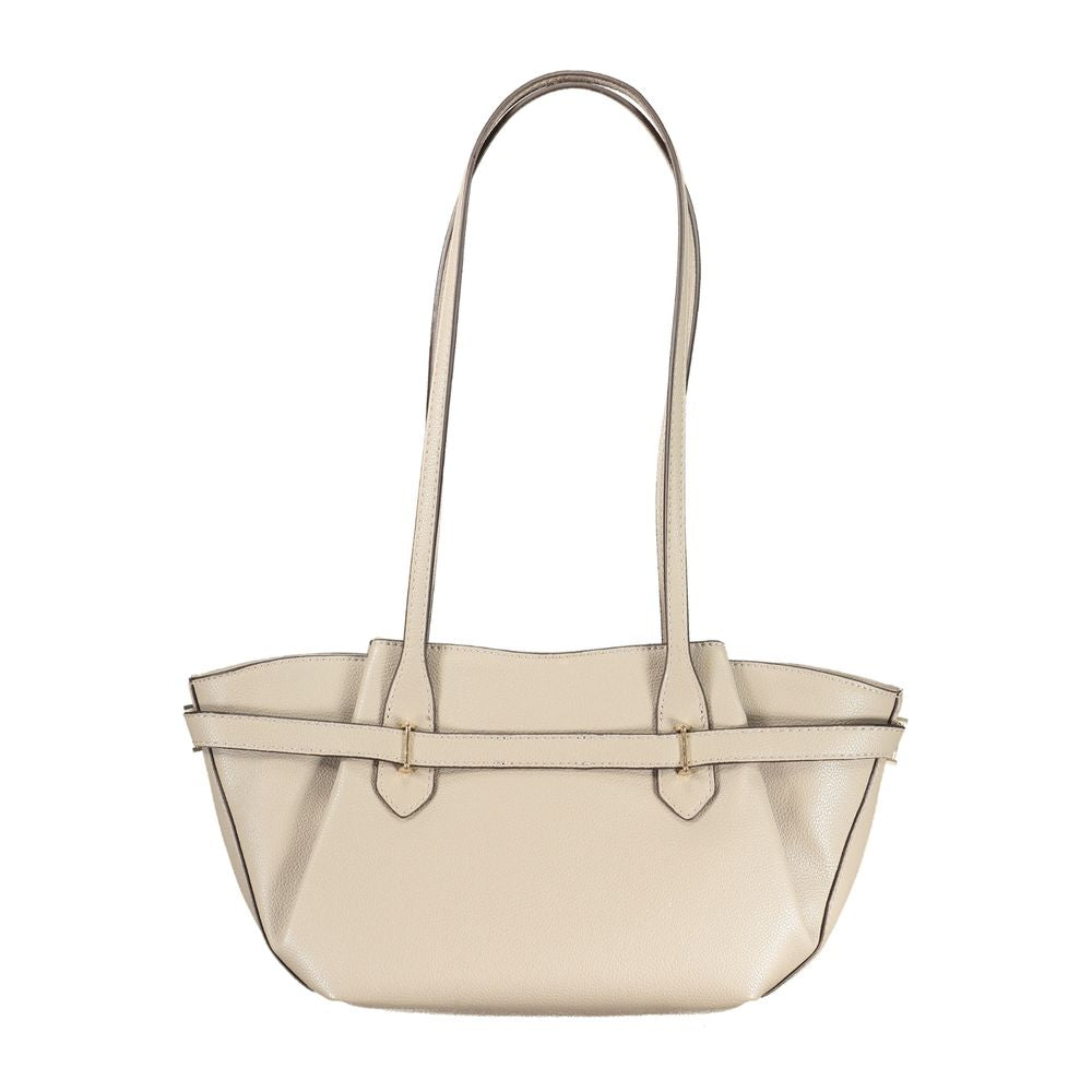 Handbag by Guess Jeans for women in polyurethane beige, signature & print presents a ornamental silhouette, showcasing a secure snap & zipper, ample external-pockets & internal-pockets, and versatile handle for a ornamental finish.