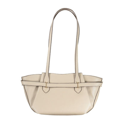 Handbag by Guess Jeans for women in polyurethane beige, signature & print presents a ornamental silhouette, showcasing a secure snap & zipper, ample external-pockets & internal-pockets, and versatile handle for a ornamental finish.