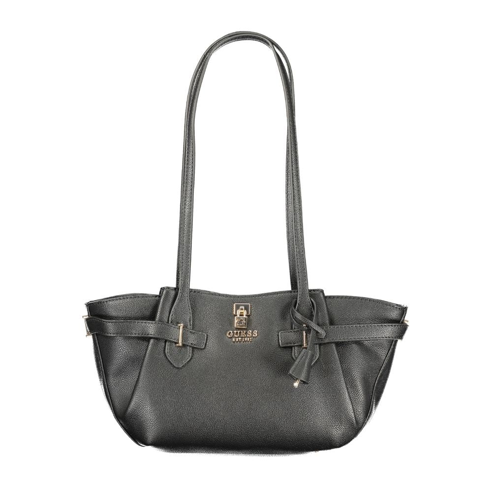 Handbag by Guess Jeans for women in polyurethane black features a ornamental silhouette, showcasing a secure snap & zipper, ample external-pockets & internal-pockets, and ornamental handle for a sophisticated look.