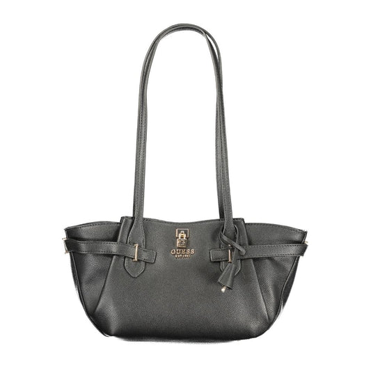 Handbag by Guess Jeans for women in polyurethane black features a ornamental silhouette, showcasing a secure snap & zipper, ample external-pockets & internal-pockets, and ornamental handle for a sophisticated look.