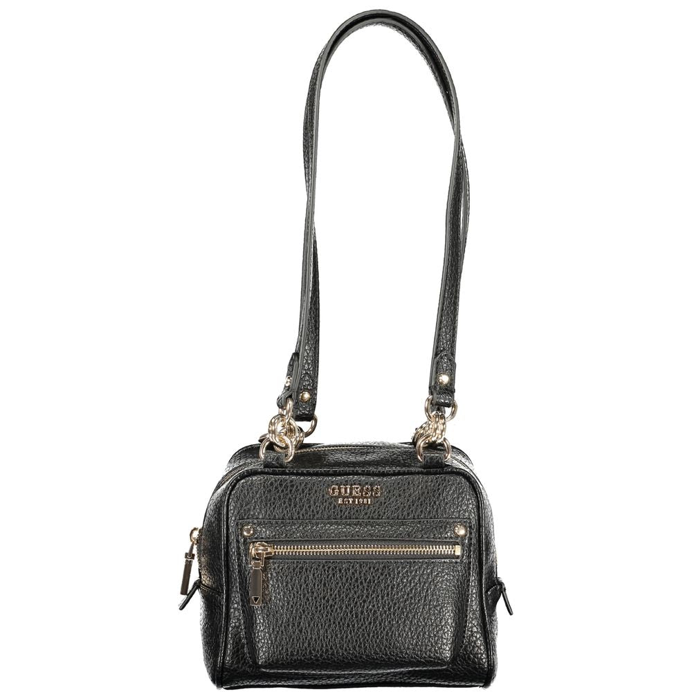 This Handbag by Guess Jeans for women in polyurethane and black presents a sculptural silhouette featuring a secure zipper, ample external-pockets, internal-pockets & cardholder, and versatile handle for a sculptural finish.