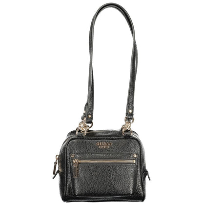 This Handbag by Guess Jeans for women in polyurethane and black presents a sculptural silhouette featuring a secure zipper, ample external-pockets, internal-pockets & cardholder, and versatile handle for a sculptural finish.