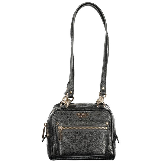 This Handbag by Guess Jeans for women in polyurethane and black presents a sculptural silhouette featuring a secure zipper, ample external-pockets, internal-pockets & cardholder, and versatile handle for a sculptural finish.