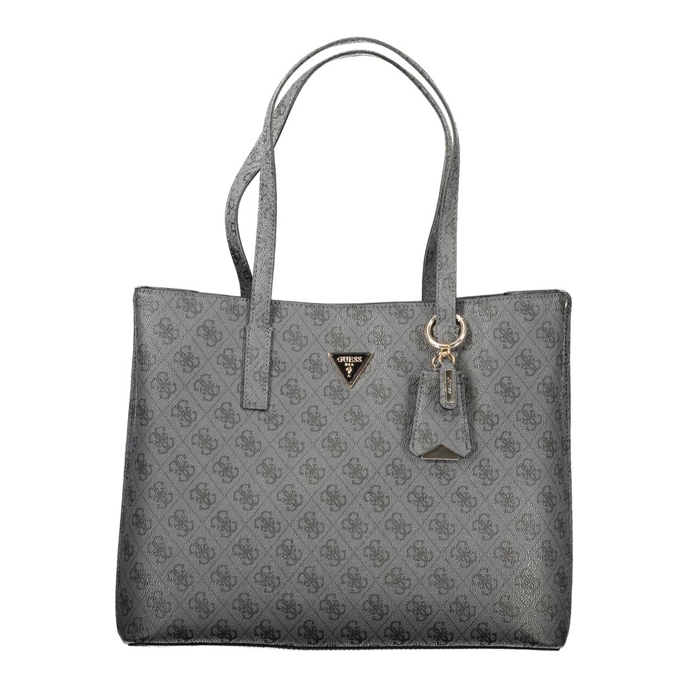Handbag by Guess Jeans for women in polyurethane black & print features a ornamental silhouette, showcasing a secure snap & zipper, ample built-in-compartments & internal-pockets, and ornamental detachable-strap & handle for a sophisticated look.