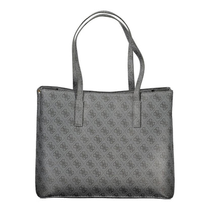 Handbag by Guess Jeans for women in polyurethane black & print features a ornamental silhouette, showcasing a secure snap & zipper, ample built-in-compartments & internal-pockets, and ornamental detachable-strap & handle for a sophisticated look.