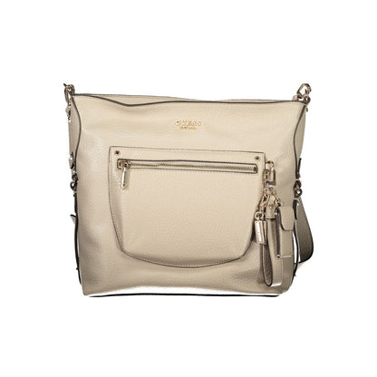 Handbag by Guess Jeans for women in polyurethane beige features an refined silhouette, showcasing a secure zipper, ample external-pockets & internal-pockets, and versatile shoulder-strap & adjustable-strap for a sophisticated refined aesthetic.