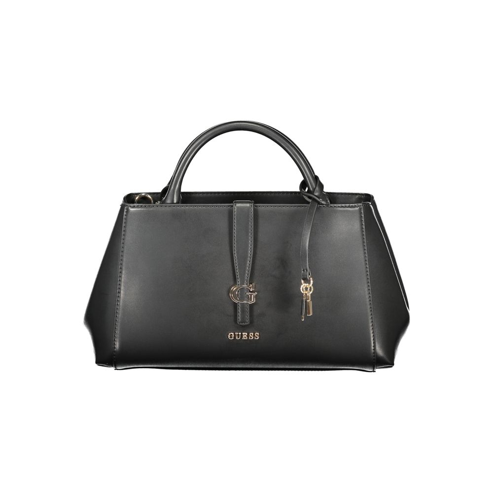 Handbag by Guess Jeans for women in polyurethane black features a signature silhouette, showcasing a secure zipper and signature external-pockets with versatile shoulder-strap, detachable-strap & handle for a sophisticated look.