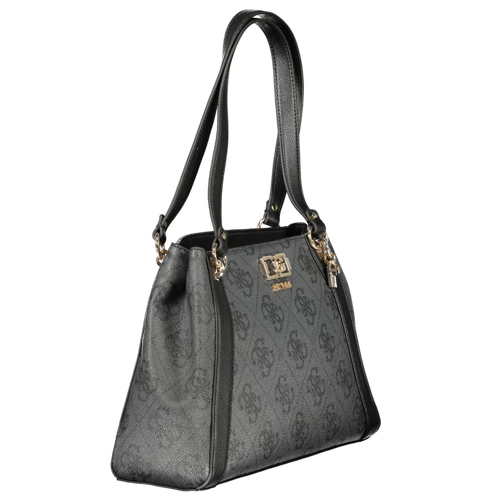 Handbag by Guess Jeans for women in polyurethane black presents a ornamental silhouette, showcasing a secure snap & zipper, ample built-in-compartments & document-holder, and versatile detachable-strap & handle for a ornamental finish.