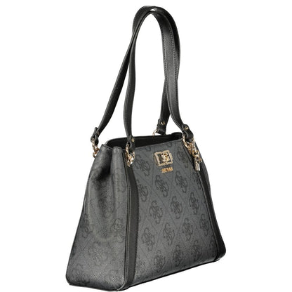 Handbag by Guess Jeans for women in polyurethane black presents a ornamental silhouette, showcasing a secure snap & zipper, ample built-in-compartments & document-holder, and versatile detachable-strap & handle for a ornamental finish.