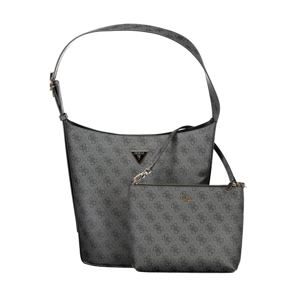 Shoulder Pouch Handbag by Guess Jeans for women in polyurethane black features a ornamental silhouette, showcasing a secure snap & zipper, ample internal-pockets, and ornamental shoulder-strap, adjustable-strap & handle for a sophisticated look.