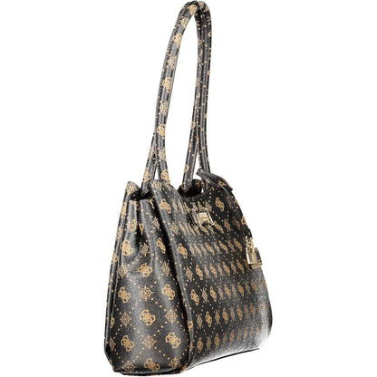 Handbag by Guess Jeans for women in polyurethane brown, patterned & print features a ornamental silhouette, showcasing a secure snap & zipper, ample external-pockets, and ornamental handle for a sophisticated look.