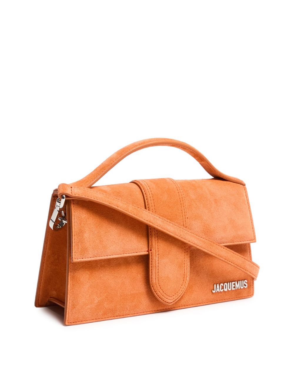Small Crossbody Flap Handbag by Jacquemus for women in leather brown, gold & terracotta features a versatile chic silhouette, meticulously detailed with a secure flap & magnetic, ample cardholder, and versatile crossbody-strap, shoulder-strap, adjustable-strap & handle.