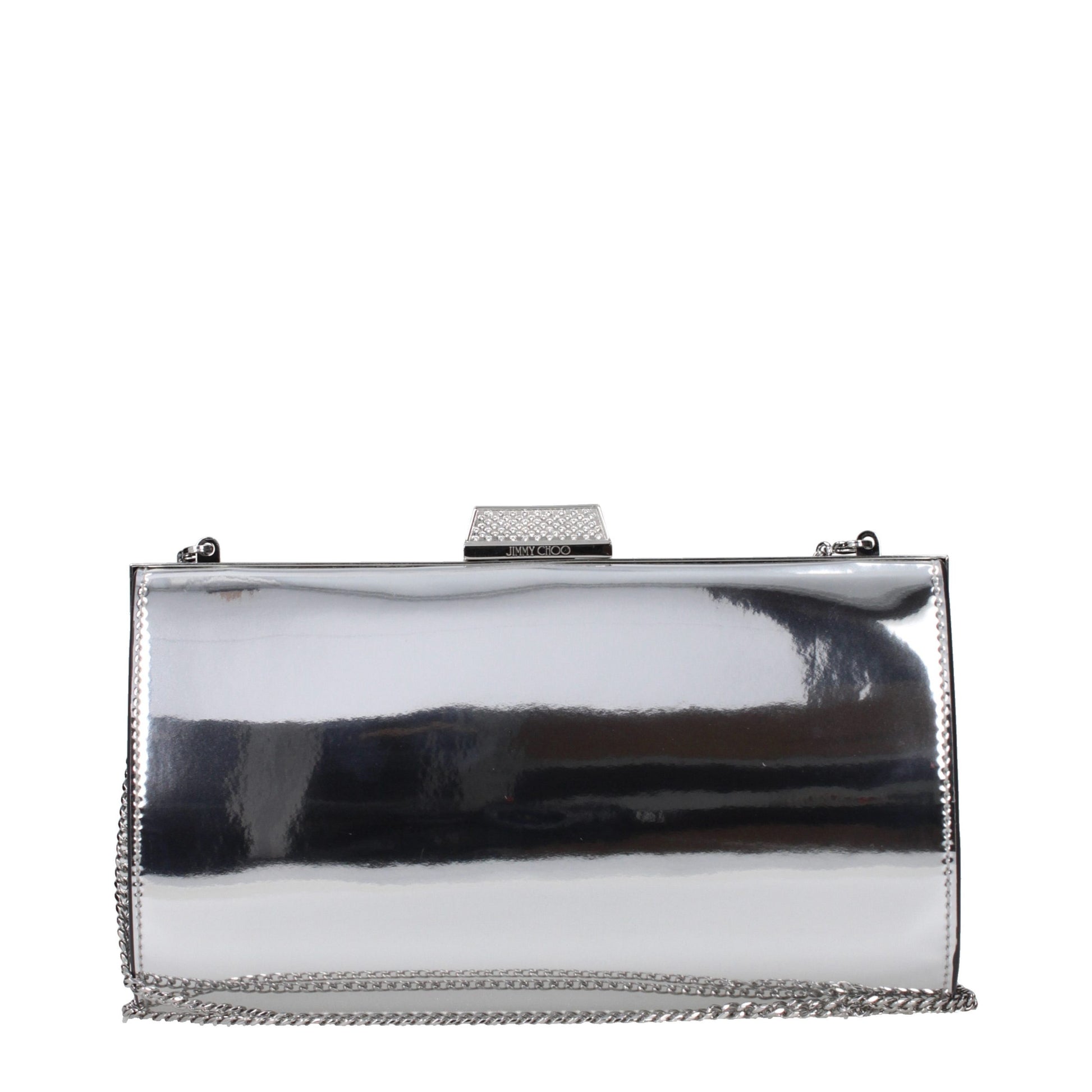Clutch Handbag by Jimmy Choo for women in synthetic polyurethane leather gray & silver features a statuesque silhouette, showcasing a secure and organized with versatile for statuesque evening wear.