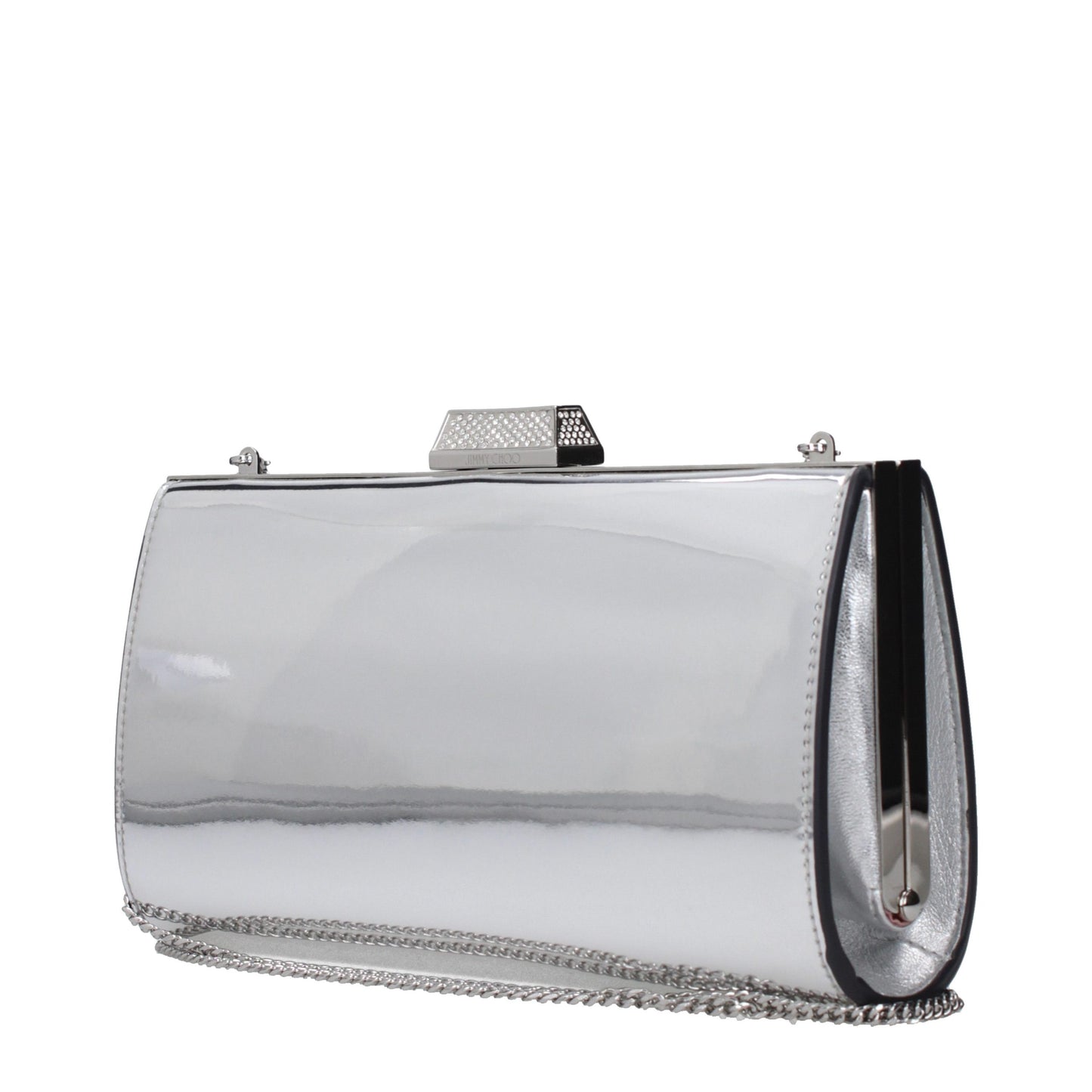 Clutch Handbag by Jimmy Choo for women in synthetic polyurethane leather gray & silver features a sculptural silhouette with a secure , ample , and versatile for a sculptural finish.
