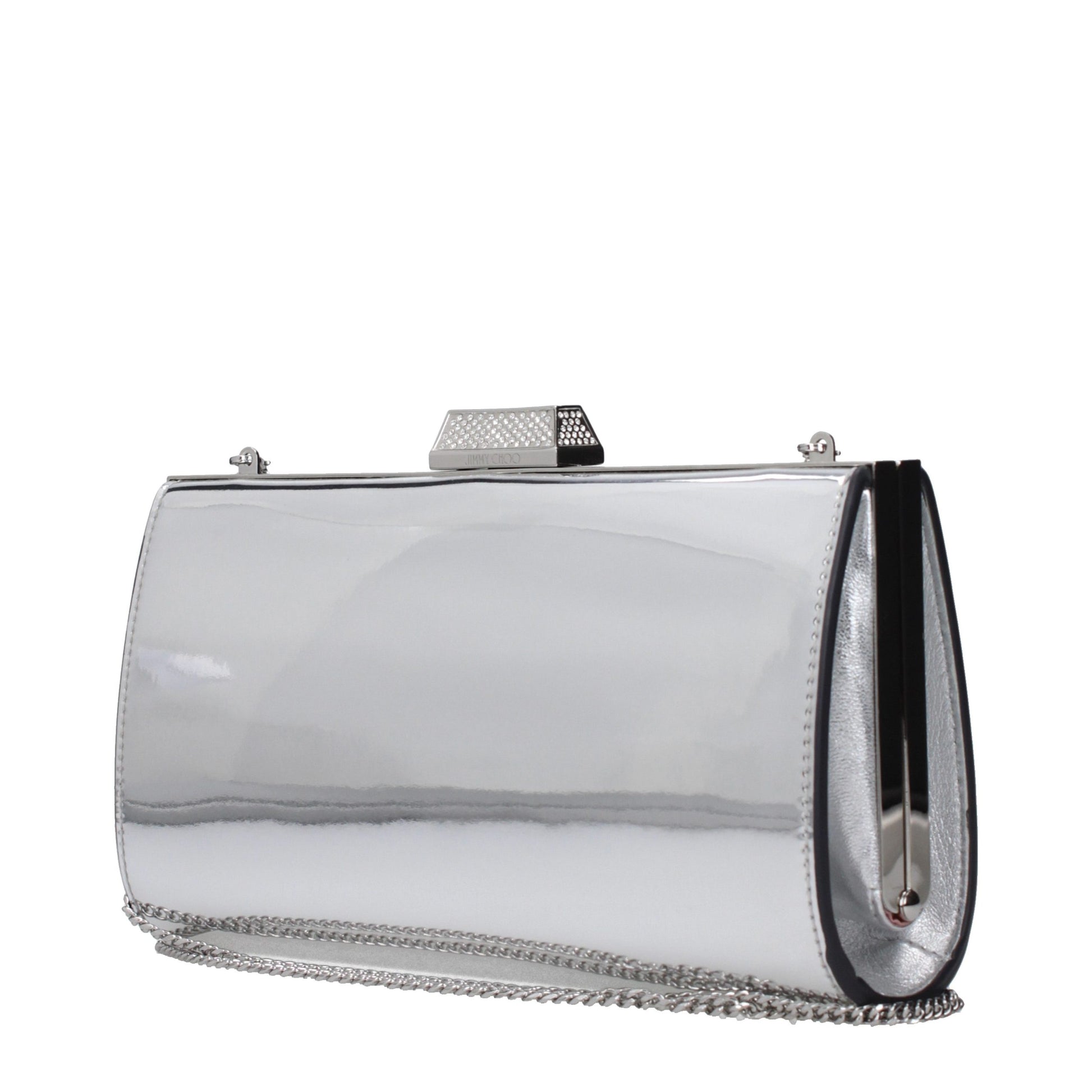 Clutch Handbag by Jimmy Choo for women in synthetic polyurethane leather gray & silver features a sculptural silhouette with a secure , ample , and versatile for a sculptural finish.