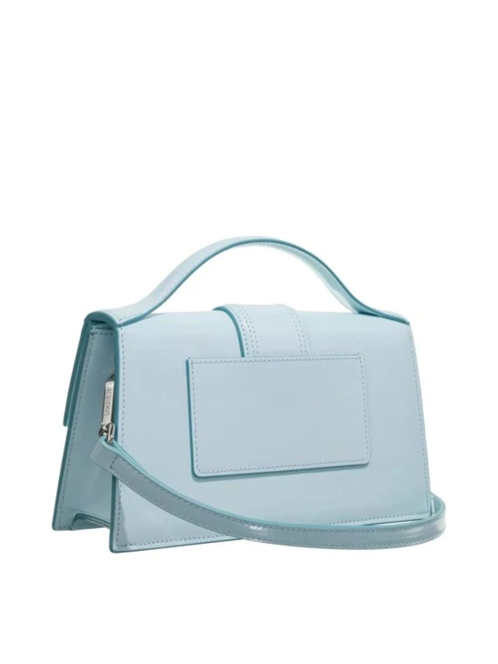 Small Crossbody Flap Handbag by Jacquemus for women in leather blue, brown & silver features a transformative elegance silhouette, showcasing a secure flap & magnetic, organized cardholder, and versatile crossbody-strap, shoulder-strap, adjustable-strap & handle for a transformative elegance look.
