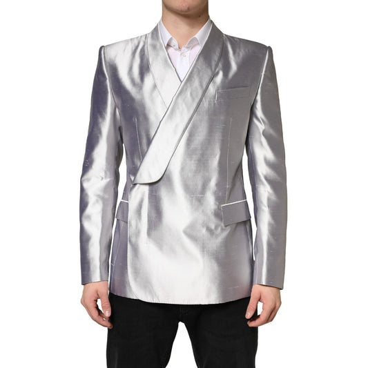 Blazer by Dolce & Gabbana for men in silk silver presents a distinguished silhouette, detailed with a distinguished double-breasted neckline and distinctive for a truly sophisticated finish.