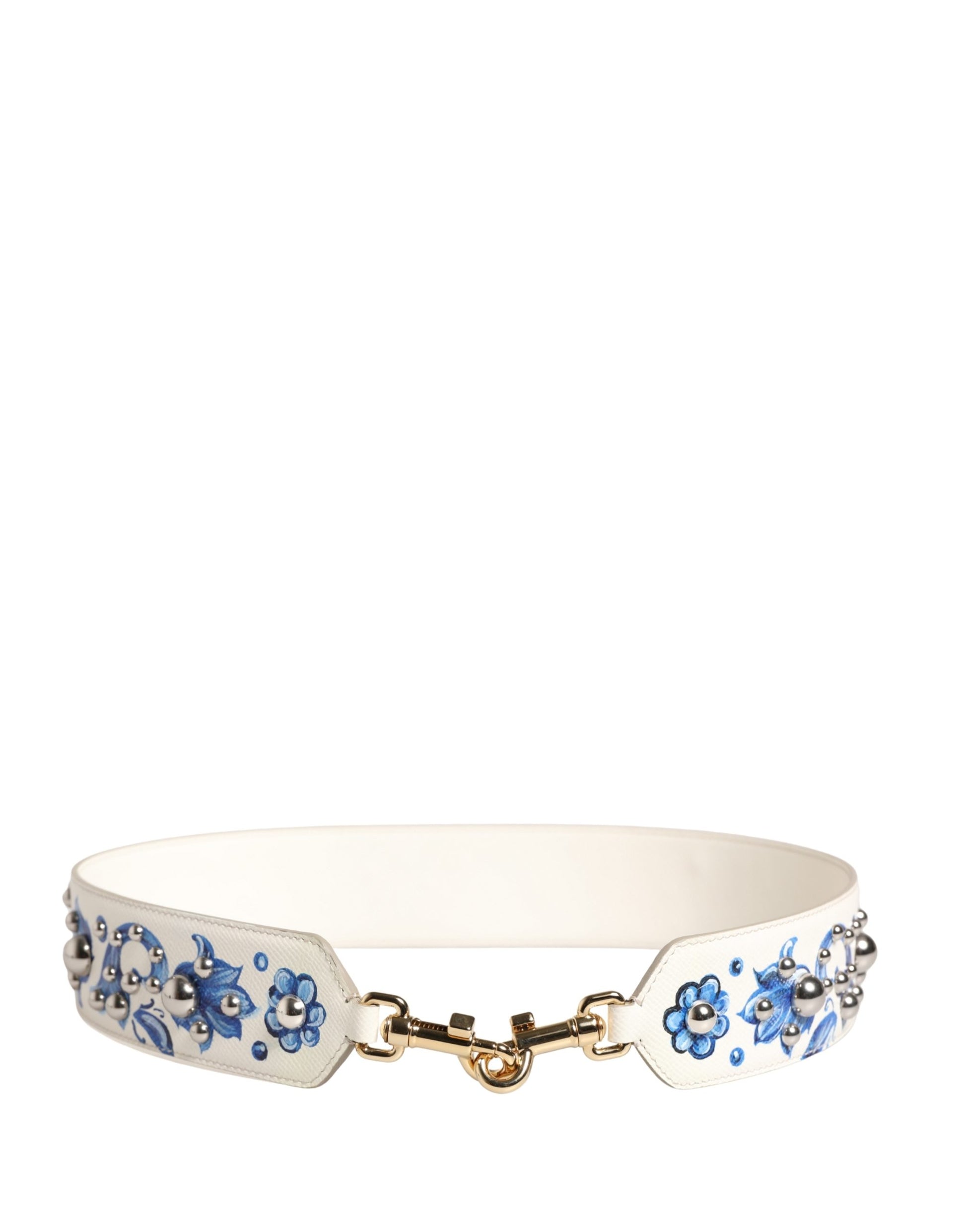 Shoulder Strap by Dolce & Gabbana for women in calf leather blue, gold, silver, white & floral features a dynamic silhouette, artfully enhancing the dynamic design of this Calf Leather Shoulder Strap.