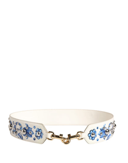 Shoulder Strap by Dolce & Gabbana for women in calf leather blue, gold, silver, white & floral features a dynamic silhouette, artfully enhancing the dynamic design of this Calf Leather Shoulder Strap.