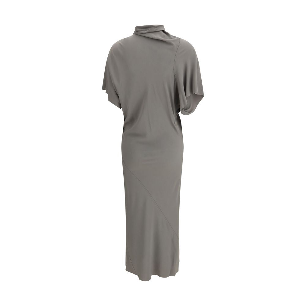 Dress by Rick Owens for women in silk & acetate gray presents a sinuous silhouette, showcasing a sophisticated and detailed with a sinuous midi for a refined finish.