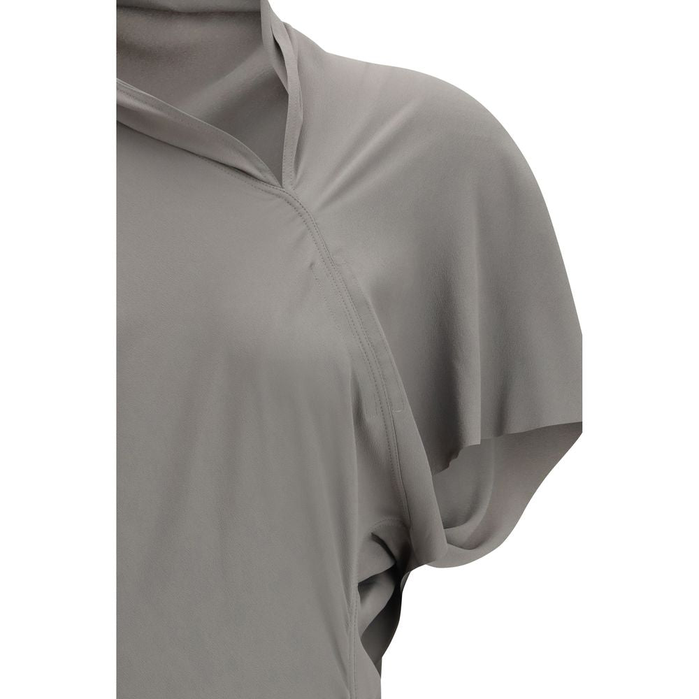 Dress by Rick Owens for women in silk & acetate gray features a dramatic silhouette, showcasing an elegant and that flows into a dramatic midi.