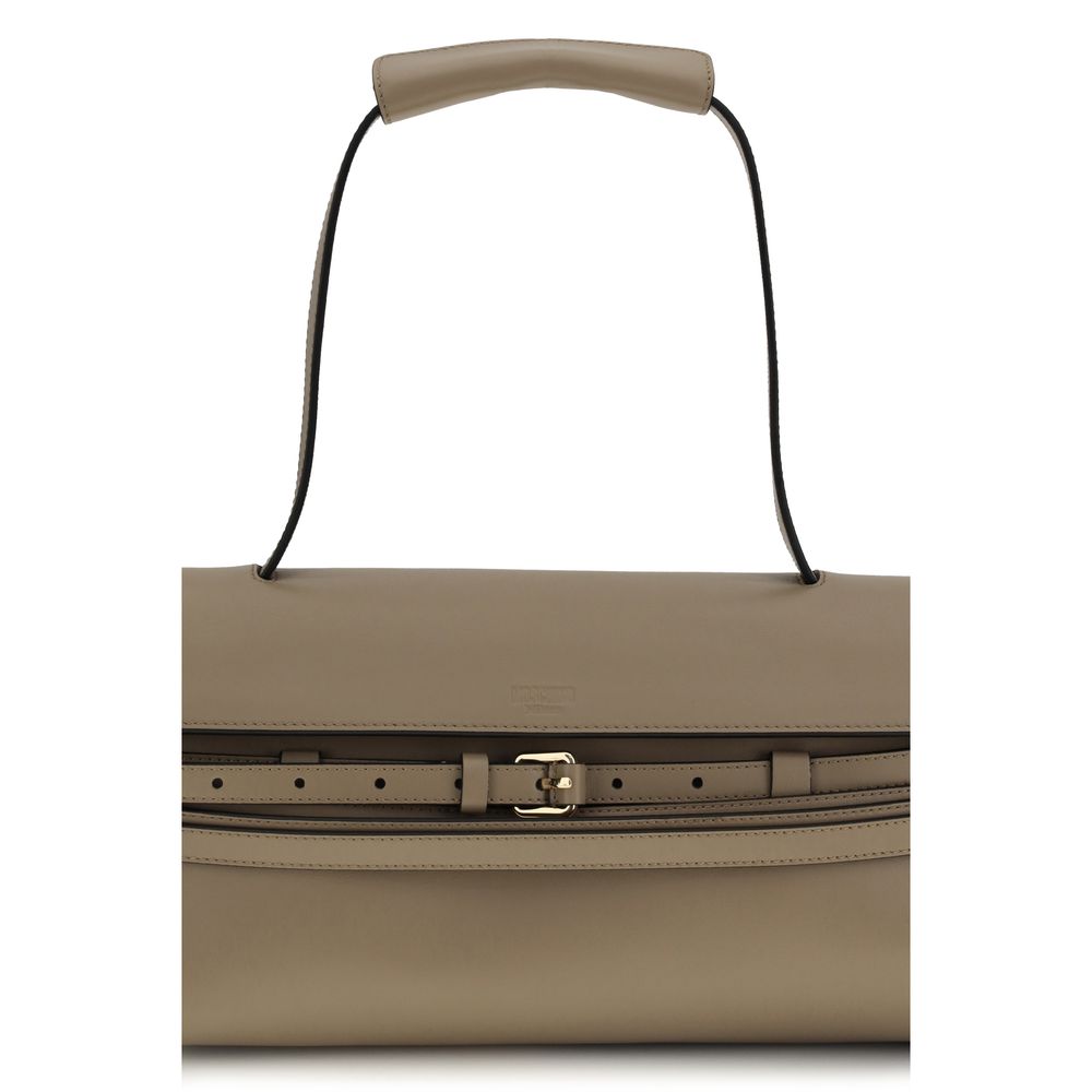 Shoulder Flap Handbag by Moschino for women in bos taurus calf leather beige features a refined silhouette, showcasing a secure snap, flap & magnetic, organized , and versatile shoulder-strap for a refined finish.