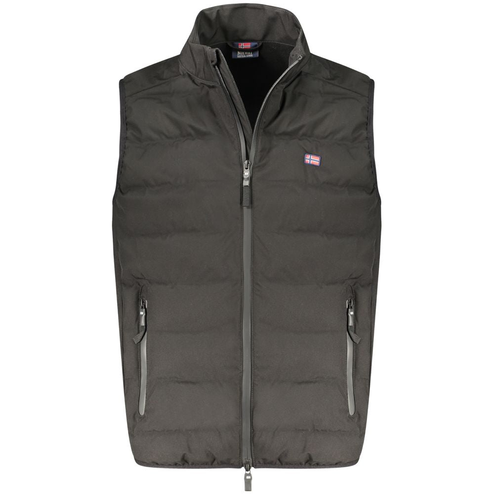 Vest by Norway 1963 for men in polyester black & blue showcases a utilitarian silhouette, artfully incorporating pockets and a utilitarian for a truly utilitarian finish.
