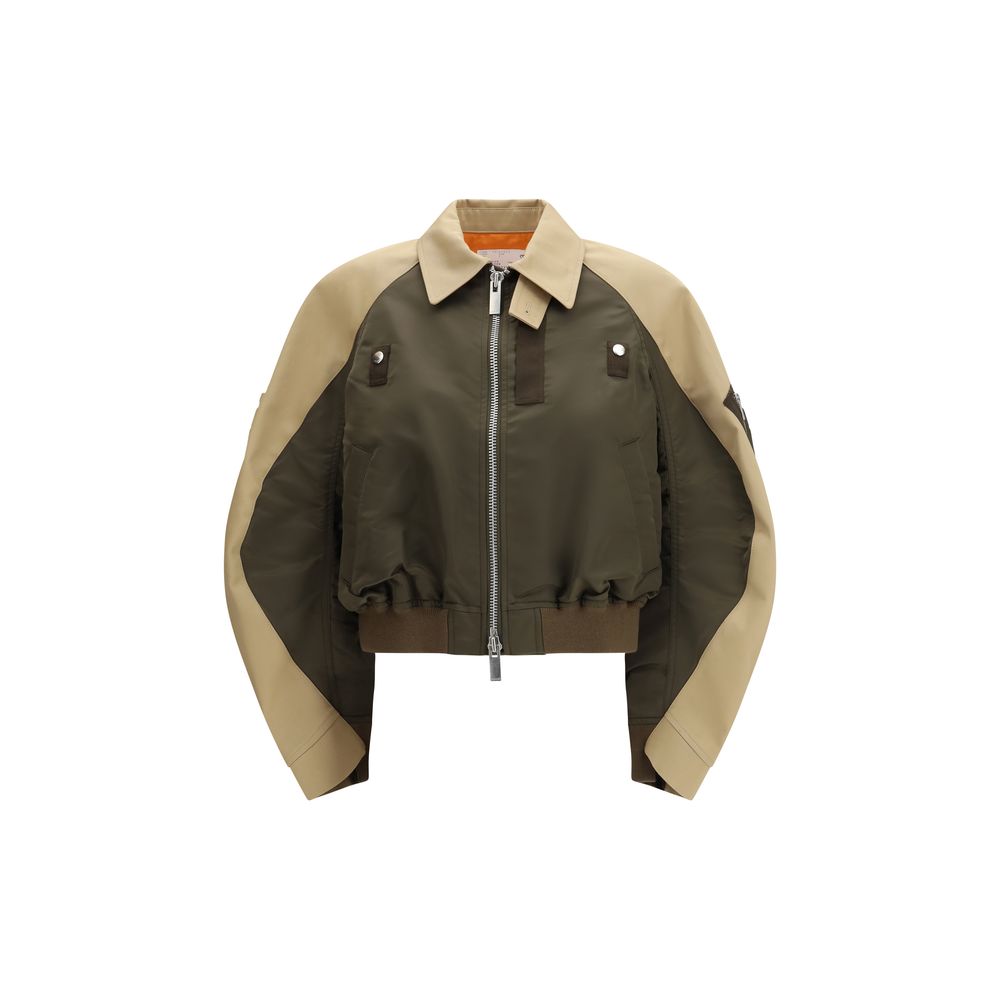 Bomber Jacket by Sacai for women in nylon & cotton bicolour features a dramatic silhouette, showcasing a sophisticated and distinctive lightweight & pockets for a dramatic aesthetic.