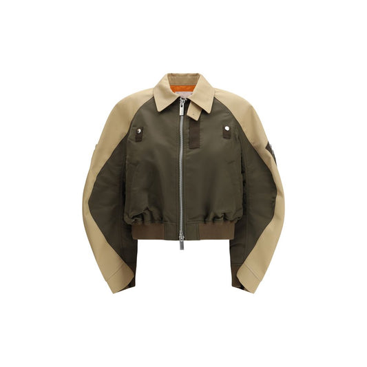 Bomber Jacket by Sacai for women in nylon & cotton bicolour features a dramatic silhouette, showcasing a sophisticated and distinctive lightweight & pockets for a dramatic aesthetic.