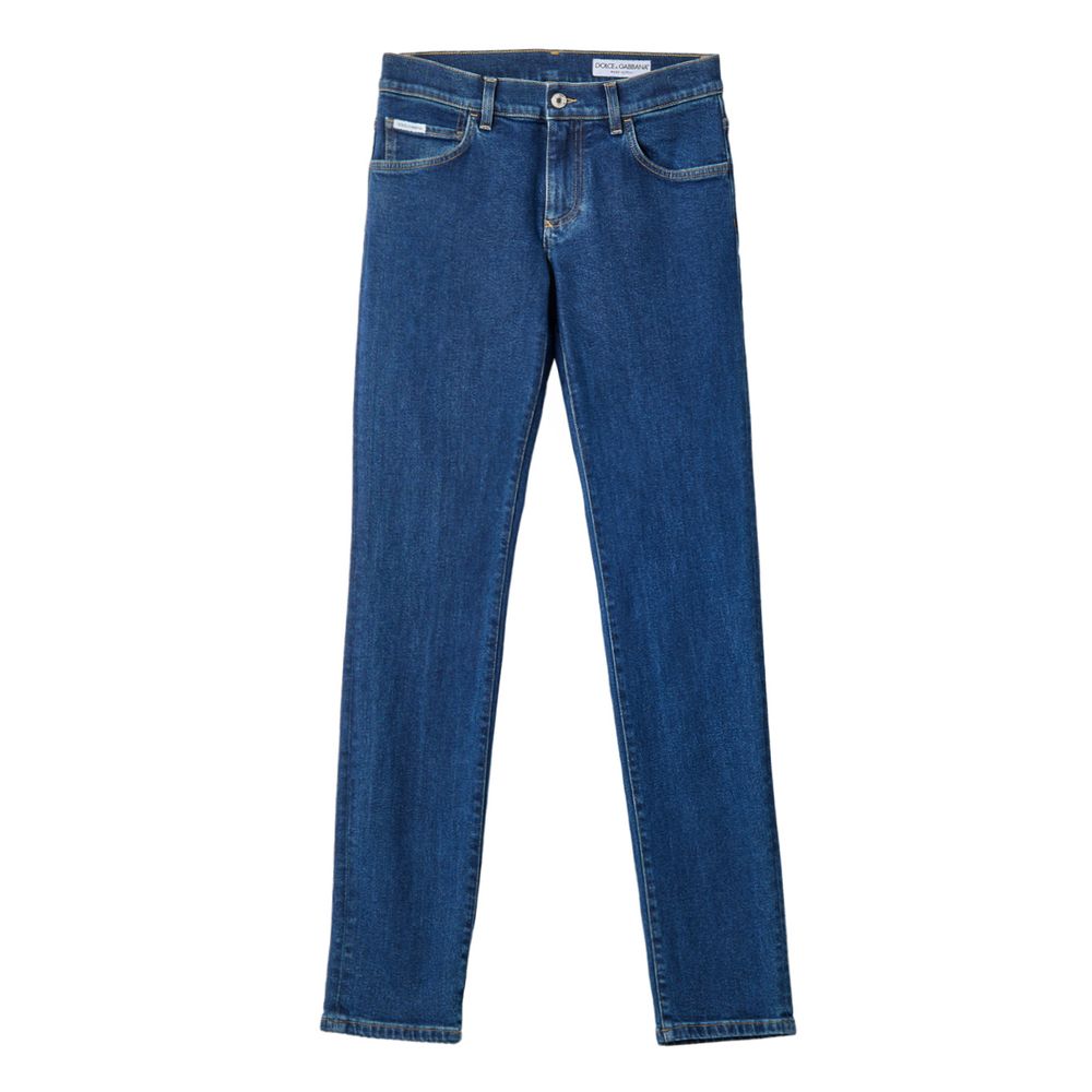 Jeans by Dolce & Gabbana for men in leather & stretch denim cotton dark-blue presents a tailored silhouette, showcasing a tailored skinny & straight-leg and long cut with a refined for a truly tailored aesthetic.