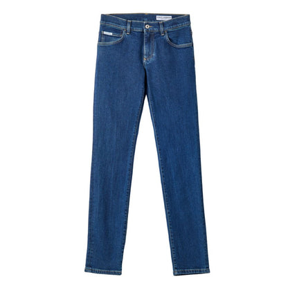 Jeans by Dolce & Gabbana for men in leather & stretch denim cotton dark-blue presents a tailored silhouette, showcasing a tailored skinny & straight-leg and long cut with a refined for a truly tailored aesthetic.