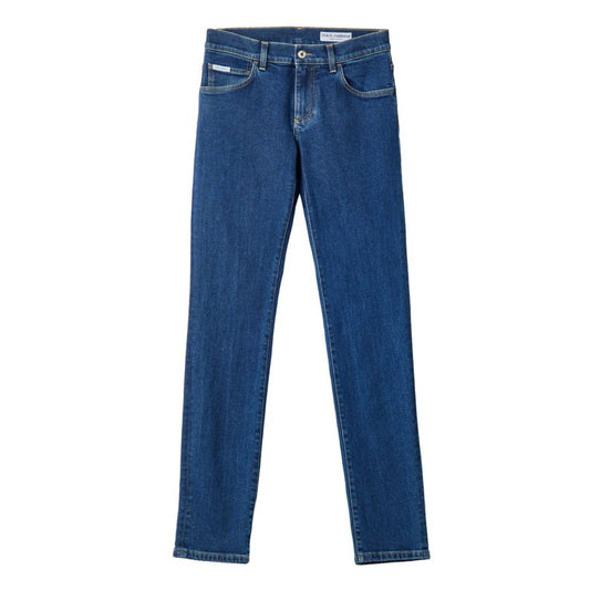 Jeans by Dolce & Gabbana for men in leather & stretch denim cotton dark-blue presents a tailored silhouette, showcasing a tailored skinny & straight-leg and long cut with a refined for a truly tailored aesthetic.