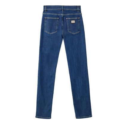 Jeans by Dolce & Gabbana for men in leather & stretch denim cotton dark-blue features an refined tailoring silhouette, showcasing a premium skinny & straight-leg with a and long cut for a refined tailoring look.