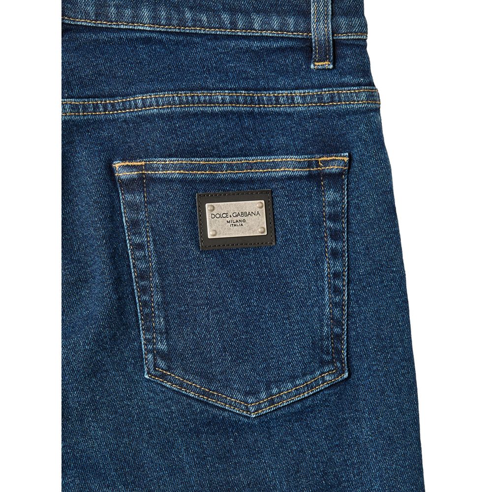 Jeans by Dolce & Gabbana for men in leather & stretch denim cotton dark-blue features an sophisticated and skinny & straight-leg with a precise long, creating a sophisticated and sophisticated silhouette.