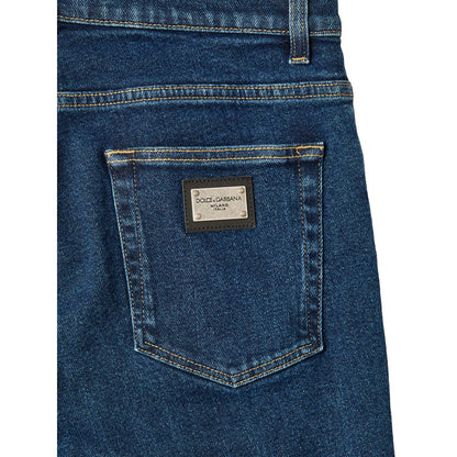 Jeans by Dolce & Gabbana for men in leather & stretch denim cotton dark-blue features an sophisticated and skinny & straight-leg with a precise long, creating a sophisticated and sophisticated silhouette.