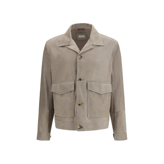 Overcoat by Brunello Cucinelli for men in bos taurus calf suede leather bicolour presents a luxurious silhouette, showcasing a luxurious lapel neckline and sophisticated pockets for a premium, luxurious look.